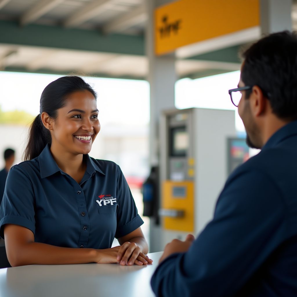 Empleado de YPF atendiendo a un cliente con una sonrisa