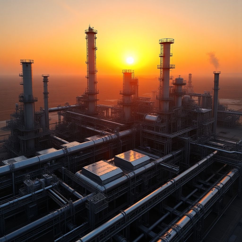 Vista aérea de una refinería de YPF al atardecer